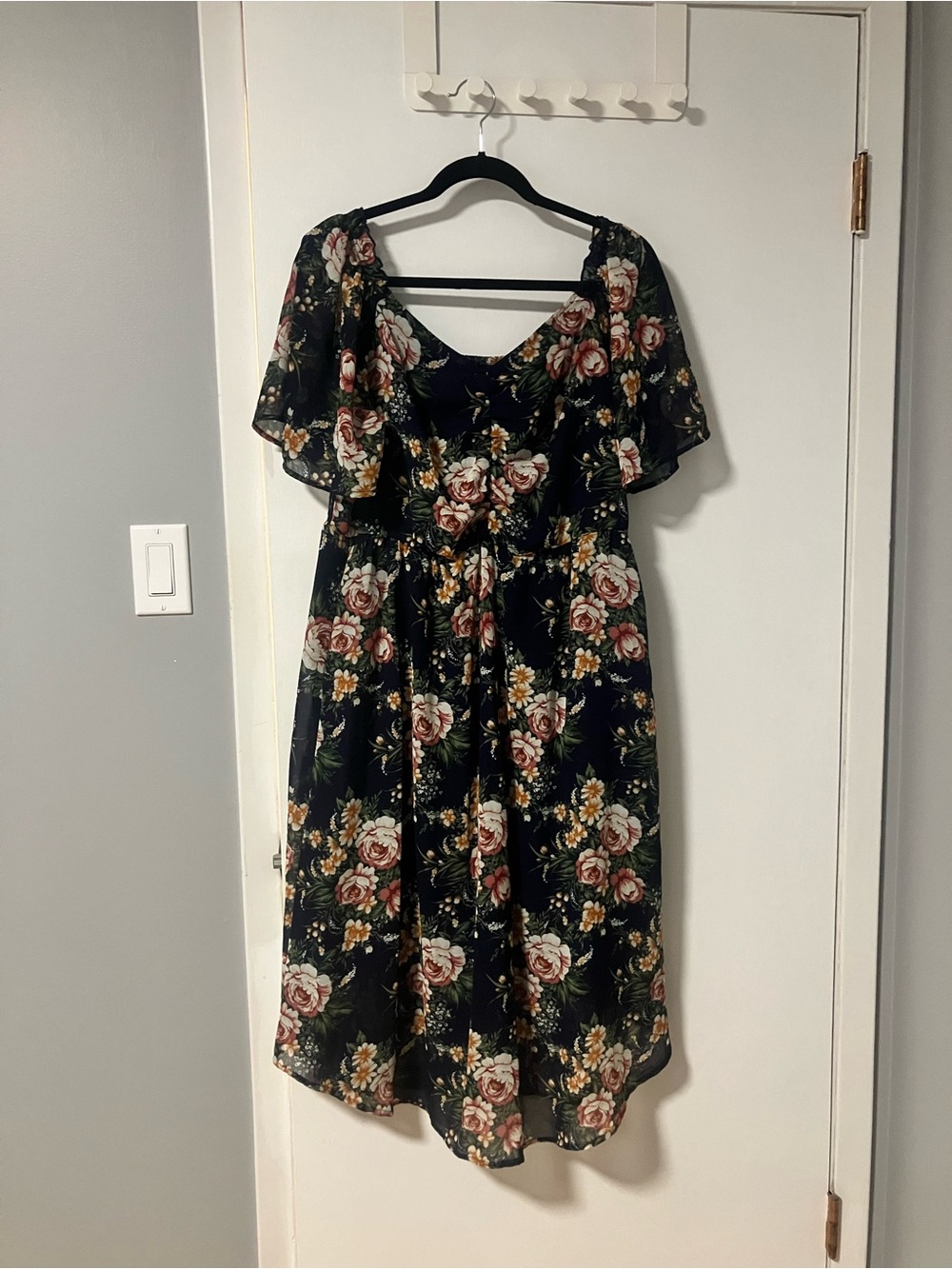 Bloomchic Floral Black Midi Dress with Flutter Sleeves
